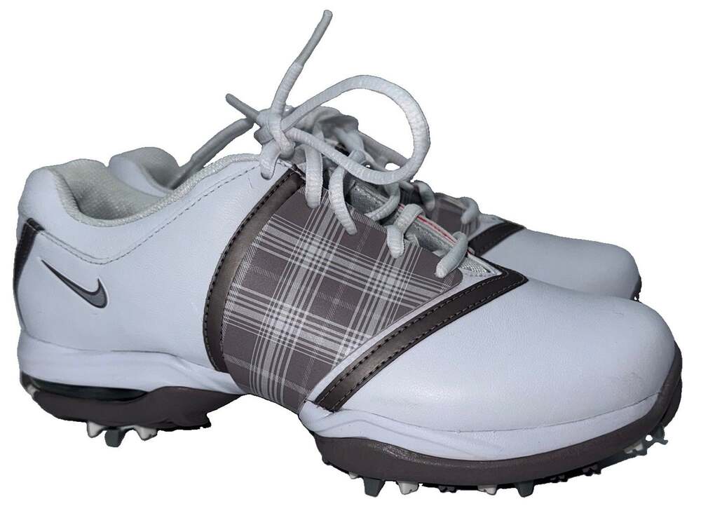 Nike Air Embellish Womens 5 White Brown Plaid Spiked Golf Shoes 549576-102